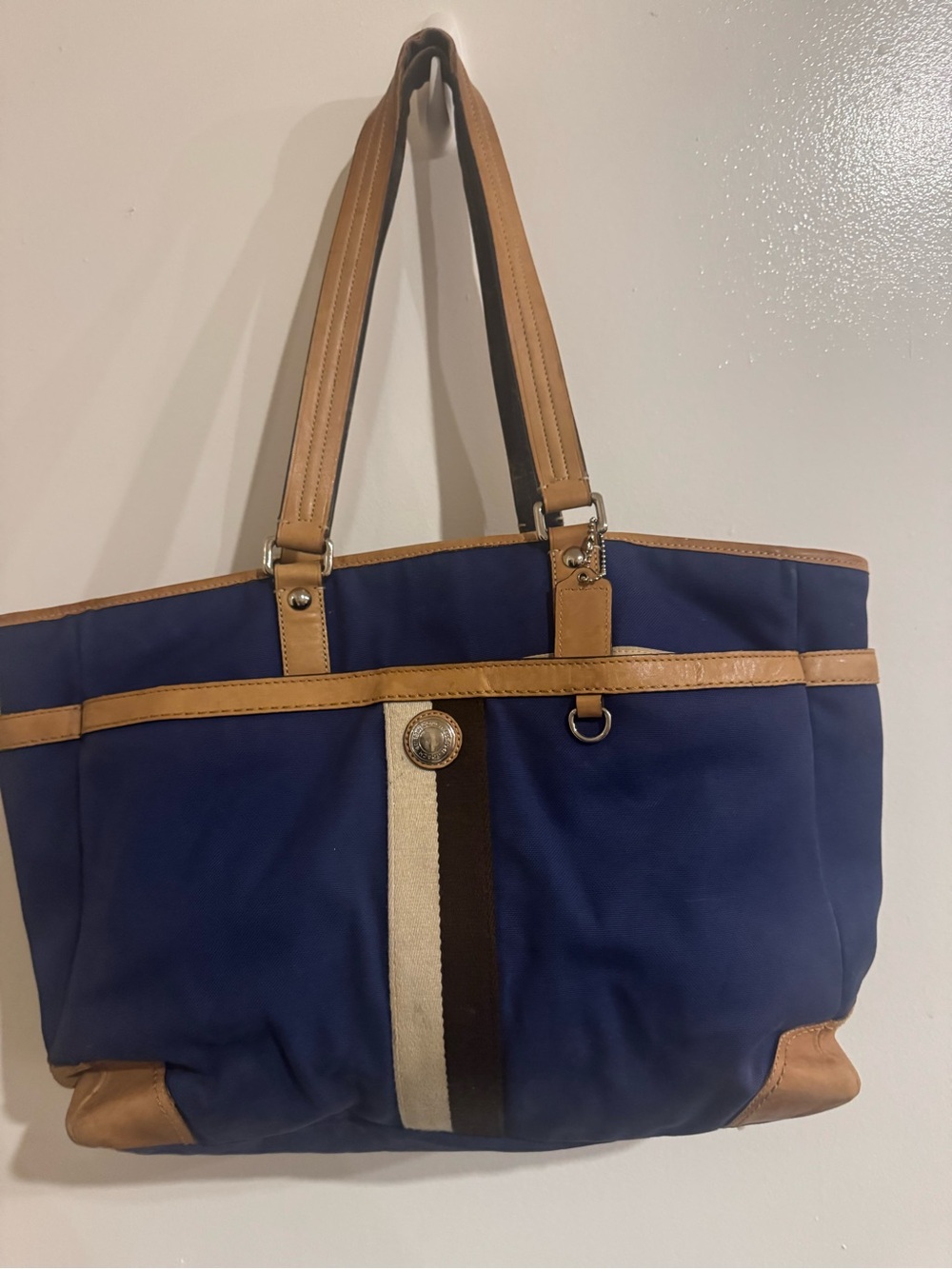 Coach Navy Canvas Tote/ Diaper Bag with Tan Trim and Center Stripe Accent